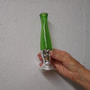 AVON ... BUD VASE ... green glass with silver bottom